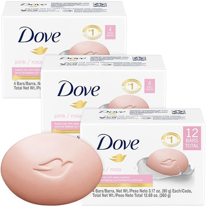 Dove Soap, Pink Beauty Bar 3-Pack (12 Soap Bars) – 3-in-1 Moisturizing Face, Body & Hand Soap, 4.75 Oz Ea