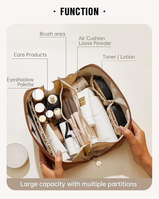 EACHY Travel Makeup Bag,Large Capacity Cosmetic Bags for Women,Waterproof Portable Pouch Open Flat Toiletry Bag Make up Organizer with Divider and Handle