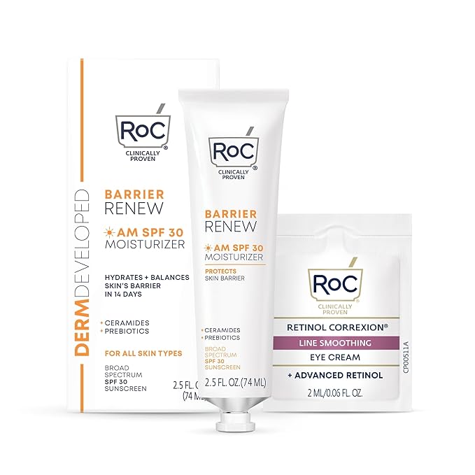 RoC Barrier Renew Day Cream with SPF 30, Moisturizer with Ceramides & Prebiotics to Protect Skin Barrier, (2.5 oz) with Retinol Eye Cream Packette