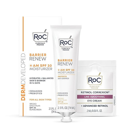 RoC Barrier Renew Day Cream with SPF 30, Moisturizer with Ceramides & Prebiotics to Protect Skin Barrier, (2.5 oz) with Retinol Eye Cream Packette