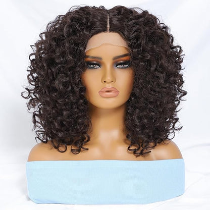 Felek 16inch Curly Lace Front Wigs Middle Part Jerry Curl Wig T Lace Front Curly Glueless Synthetic Pre-Plucked Afro Curly Lace Wigs For Black Women(#4)