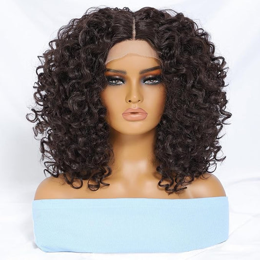 Felek 16inch Curly Lace Front Wigs Middle Part Jerry Curl Wig T Lace Front Curly Glueless Synthetic Pre-Plucked Afro Curly Lace Wigs For Black Women(#4)