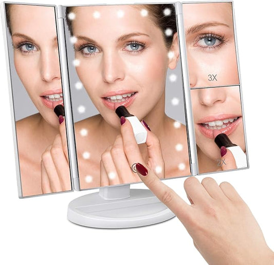 deweisn Floor Mount Tri-Fold Lighted Vanity Mirror with 21 LED Lights, Touch Screen and 3X/2X/1X Magnification, Two Power Supply Modes Make Up Mirror,Travel Mirror