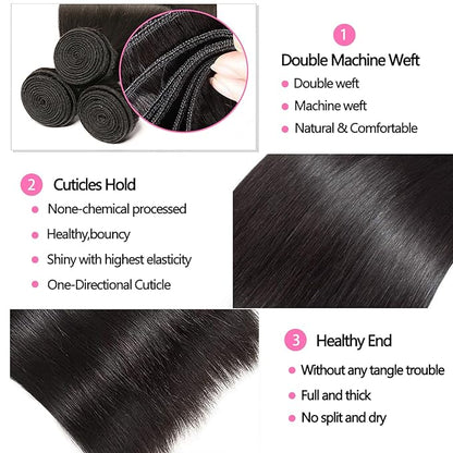 10A Straight Bundles with Closure 10 12 14 with 10 Inch 100% Unprocessed Brazilian Virgin Human Hair Weave 3 Bundles with 4x4 HD Lace Closure