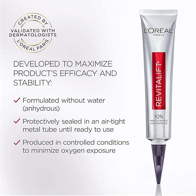 L'Oreal Paris Revitalift 10% Pure Vitamin C Face Serum, Brighter Skin, Reduced Wrinkles, Fragrance Free 1 0z.