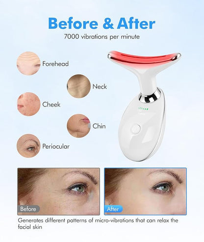 Red-Light-Therapy-for-Face-and-Neck, 7 Color Face Massager Tool for Wrinkles, Double Chin, Vibrating Facial Massager with Thermals for Skin Care, Glossy White