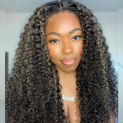 Beauty Forever 7X5 Bye Bye Knots Pre Cut Lace Balayage Black Blonde Highlights Jerry Curly Put on Go Glueless Lace Front Wig,Invisible Knots Human Hair Wigs Pre Plucked Hairline 150% Density 16 Inch