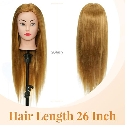 Neverland Beauty Mannequin Head with 60% Real Human Hair, 26 Inch Cosmetology Mannequin Doll Head for Hair Styling, Training Practice Braiding Manikin Head with Clamp and Hair Styling Braid Set