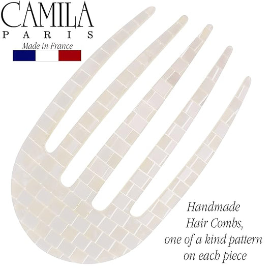 Camila Paris CP3409 French Hair Side Comb Rounded, Nacro White, Handmade French Twist Hair Combs, Strong Hold Hair Clips for Women Bun Chignon, No Slip Styling Girls Hair Accessories Made in France