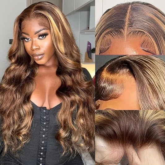 Honey Blonde Lace Front Wig Human Hair 5x5 HD Lace Closure Wigs Human Hair Pre Plucked with Baby Hair 180% Highlight Glueless Lace Front Wigs Human Hair Body Wave Closure Wig(20 Inch)