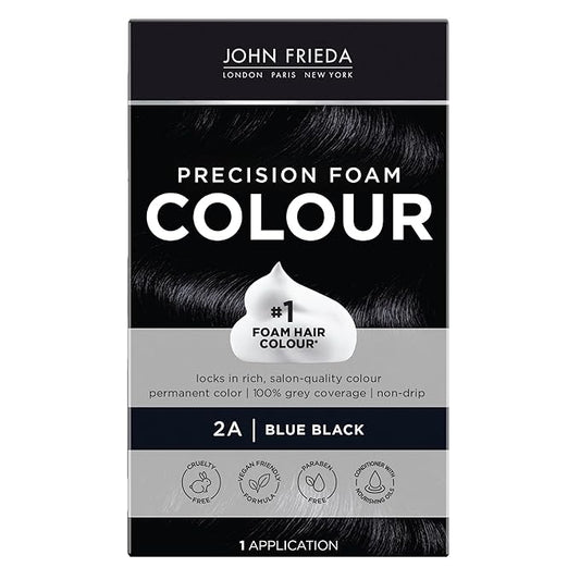 John Frieda Precision Foam Colour, Blue Black 2A, Full-coverage Hair Color Kit, Anti-Fade Gray Coverage, Deep Color Saturation Hair Dye, 1 Application