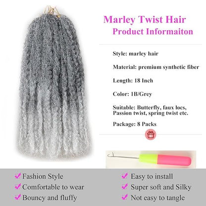 Marley Twist Braiding Hair 18 Inch 8 Packs – Long-Lasting Marley Hair, Fluffy&Tangle-Free Cuban Twist Hair for Braiding, Natural Look Synthetic Spring Afro Kinky Twist Hair Extensions (1B/Grey)
