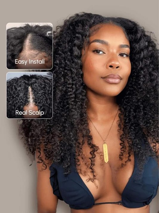 Beauty Forever V Part Curly Wig Human Hair EasiContour Vpart Wigs No Leave Out Glueless Upgraded U Part Wigs for Women Clip In Half Wig None Lace Front Wigs Natural Color 150% Density 18inch