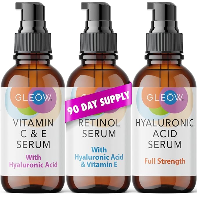 Retinol Serum for Face, Vitamin C with Hyaluronic Acid Face Serum for Women and Men, Glow Skin Care Set Total Package Targets Appearance of Uneven Skin Tone and Dryness 3x2 oz