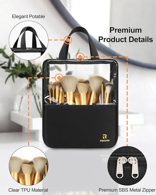 MONSTINA Extra Large Makeup Brush Organizer Bag,High Capacity Portable Stand-Up Makeup Brush Holder,Professional Artist Makeup Case Transparent Clear