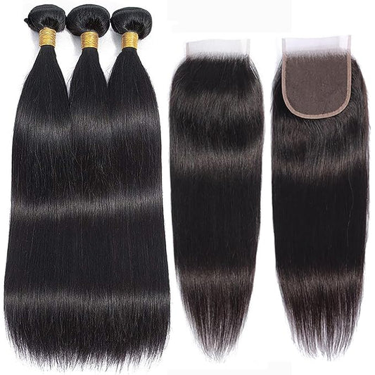 10A Straight Bundles with Closure 22 24 26 with 20 Inch Human Hair Bundles with Closure 100% Unprocessed Brazilian Virgin Human Hair Weave with Closure HD Lace