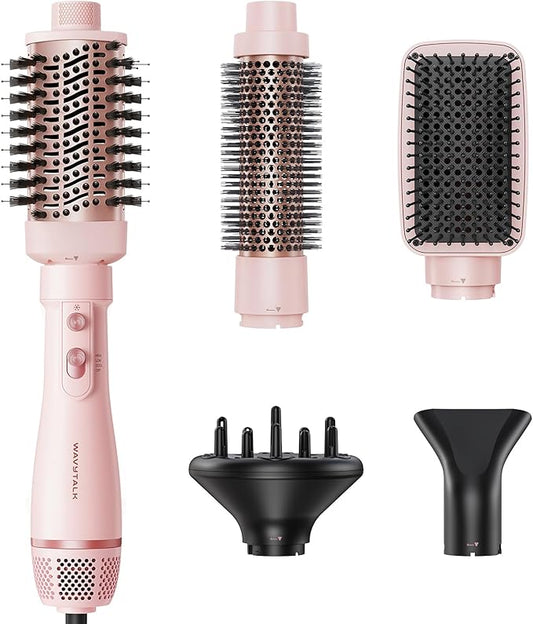 Blow Dryer Brush Set, Wavytalk Air Sculpt 5-in-1 Hot Air Brush Set, Multi Hair Styler for Salon Blowouts, Smooth Curls, Volumizing and Straightening, Sleek and Less Frizz, Pink