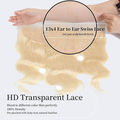 16A 613 Human Hair Bundles Blonde Body Wave Hair with 13x4 HD Lace Frontal Closure (14 16 18 20+12Free Part) 100% Brazilian Virgin Unprocessed Hair 4 Bundles Deals Hair Extensions