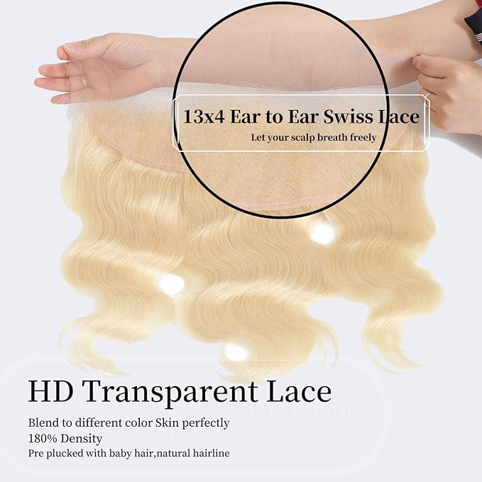 16A 613 Blonde Body Wave Bundles with Frontal Closure (24 26 28+20) Virgin Hair Bundle with13x4 HD Lace Frontal 100% Real Human Hair Weft Quick Weave sew in Hair Extension