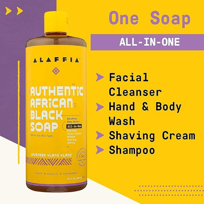 Alaffia Skin Care, Authentic African Black Soap, All in One Body Wash, Face Wash, Shampoo & Shaving Soap with Fair Trade Shea Butter Lavender Ylang Ylang 32 Fl Oz