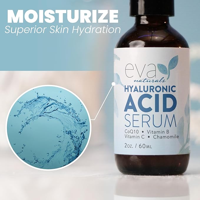 Eva Naturals Pure Hyaluronic Acid Serum For Face - Facial Serum - Wrinkles and Fine Lines - Perfect Hydrating for Face and Dry Skin - Pairs with Vitamin C Serum (2 Oz)