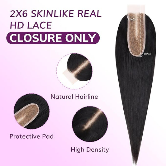 IDN BEAUTY SKINLIKE REAL HD 2x6 Lace Closure Human Hair Straight 12 Inch Bleached Single Knots HD Closure Ultra-thin 2x6 Lace Closure Virgin Human Hair 0.1 mm Pre Plucked Hairline Lace Closure