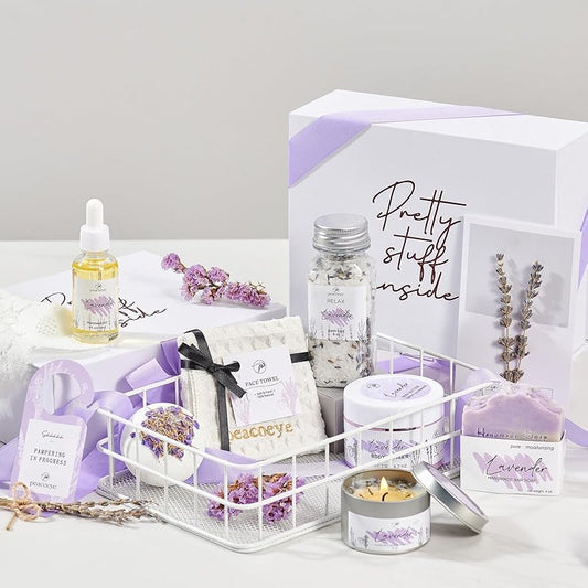 Gifts for Women Spa Lavender Bath Gift Baskets Mothers Day Gifts Relaxing Self Care Gift for Mom Her Sister Wife Auntie Home Bath Kit Care Package Birthday Friendship Gift Ideas