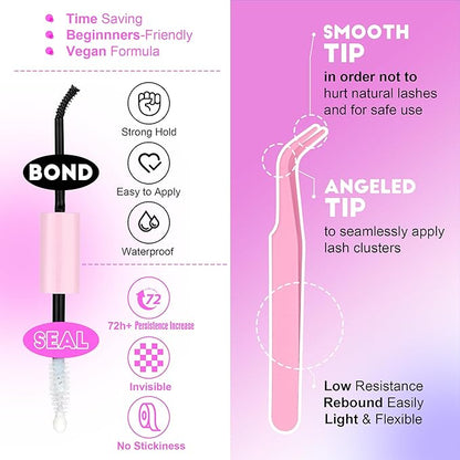 Pawotence Lash Clusters Kit Cat Eye Lash Extension Kit DIY 9-16mm Cluster Eyelash Extensions Kit 40D Individual Lashes with Lash Bond and Seal, Lash Tweezers for Self Use (Fox 40D, 9-16mm, Kit)