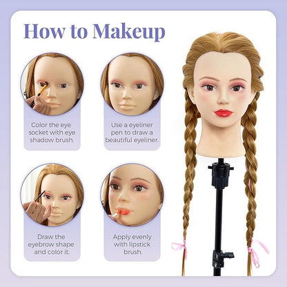 Neverland Beauty Mannequin Head with 60% Real Human Hair, 26 Inch Makeup Cosmetology Mannequin Doll Head for Hair Styling, Training Practice Braiding Manikin Head with False Eyelashes Hair Styling Set