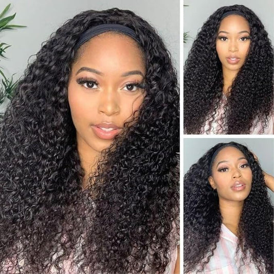 Beauty Forever Headband Human Hair Wigs Water Wave Glueless Human Hair Wigs With Pre-attached Scarf Non Lace Front Wigs for women Natural Color 150% Density 18 Inch