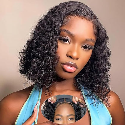Glueless Bob Wigs Human Hair Pre Plucked Pre Cut Short Curly Human Hair Wigs for Black Women 5x5 HD Lace Closure Water Wave Wear and Go Glueless Wigs 180% Density 14 Inch