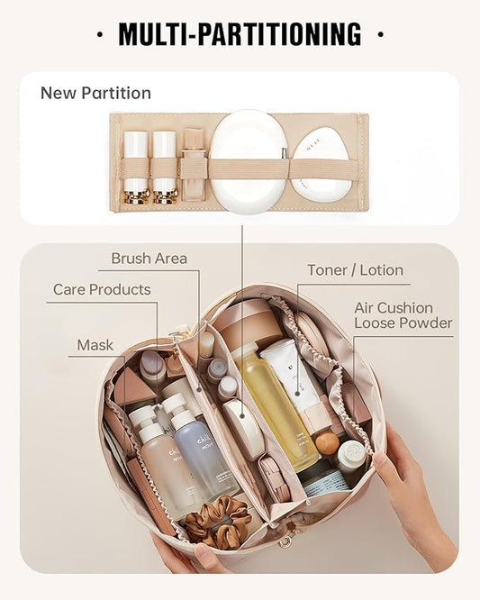 EACHY Travel Makeup Bag,Large Capacity Cosmetic Bags for Women,Waterproof Portable Pouch Open Flat Toiletry Bag Make up Organizer with Divider and Handle