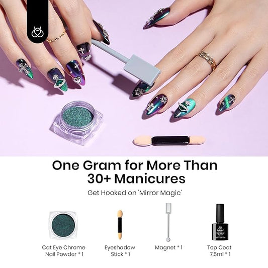 Beetles Cat Eye Chrome Nail Powder Set, 2 in 1 Holographic Metallic Mirror Effect Chameleon Galaxy Powder with No Wipe UV Gel Top Coat Magnet for Velvet Metallic Nail Art
