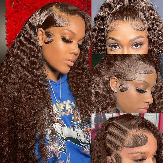 CHEETAHBEAUTY #4 Chocolate Brown Deep Wave 13X6 HD Transparent Lace Front Wigs Brazilian 10A Grade Deep Curly Human Hair Wigs for Black Women Pre Plucked with Baby Hair 250% Density(24inch)