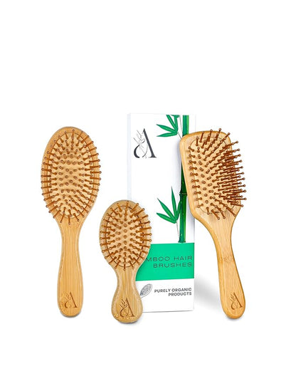 3 Pcs. Bamboo Hair Brush Set for Hair Growth, Detangling Brush, Scalp Massager with Natural Bamboo Bristles & Paddle Brush - For all hair types; Curly, Straight & Wavy - For Women, Men and Kids
