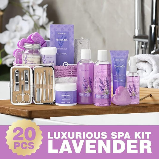 Mother's Day Gift for Mom Spa Gift Baskets for Women Bath lavender gifts spa gift set Basket For Women & Men, Luxury Self Care Home Spa Kit Lavender Bath Gift Basket 20Pcs Bath Gift Set
