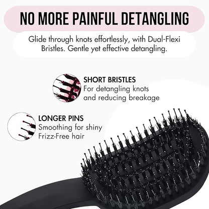 MOYOKO Detangler Brush for Curly Hair, Thick, Straight - Ergonomic Curved Detangling Hair Brush for Women, Girls, Prevents Breakage, Detangle Shower Hairbrush for Wet & Dry Hair (Black)