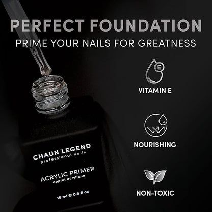 CHAUN LEGEND Acrylic Primer | Vitamin E Infused, Non-Acid Formula | Nourishes, Strengthens, and Primes for Flawless, Long-Lasting Acrylic Powder Nail Extensions | 15ml