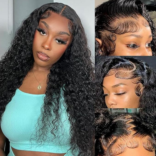 13x6 Deep Wave Lace Front Wigs Human Hair HD Lace Front Wigs Human Hair for Women Curly Human Hair Wig Pre Plucked with Baby Hair 180% Water Wave Lace Front Wigs 22inch