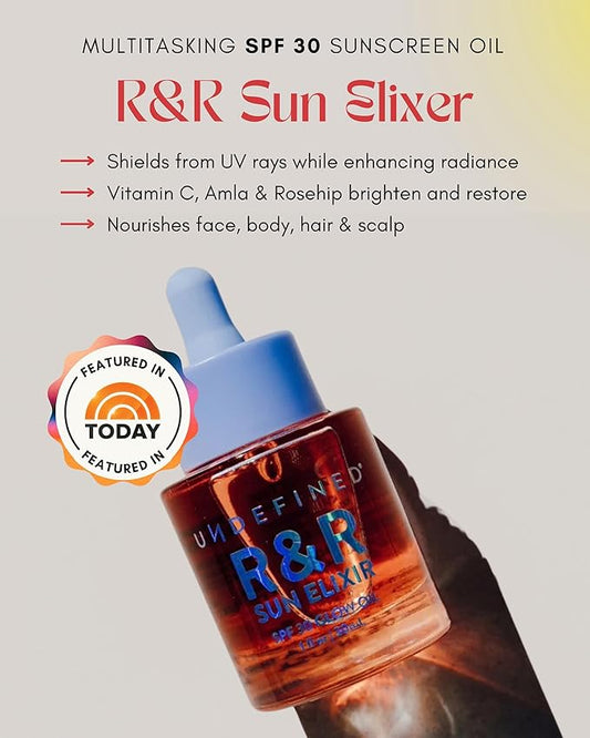 Undefined Beauty R&R Sun Elixir SPF 30 – Glow Oil for Face, Hair, Scalp & Body with Vitamin C, Amla, Tsubaki Seed & Milk Thistle