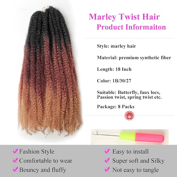Marley Twist Braiding Hair 18 Inch 8 Packs – Long-Lasting Marley Hair, Fluffy&Tangle-Free Cuban Twist Hair for Braiding, Natural Look Synthetic Spring Afro Kinky Twist Hair Extensions (T1B/30/27)