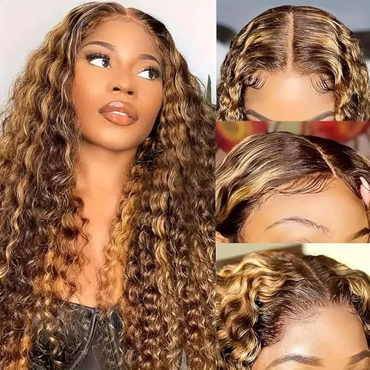 5x5 Highlight Water Wave Closure Wigs Human Hair 180% Density Curly Human Hair Wig Pre Plucked 26inch P4/27 Ombre 5x5 HD Lace Closure Wigs for Women(427curly 26inch)