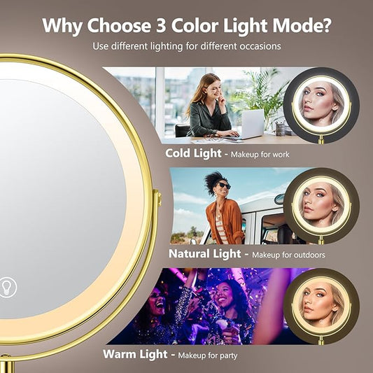 10X Large Lighted Makeup Mirror, Rechargeable 8" Height Adjustable Vanity Mirror, 1x/10x Magnifying Mirror with 3 Color, Brightness Adjustable, 360° Rotation Double Sided Mirror, Ideal Gift(Gold)