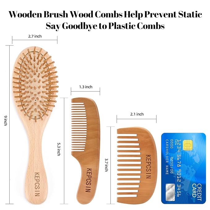 3PCS Solid Wooden Hair Brush and Small Wood Comb, Detangling Brush with Natural Bristles, Portable Scalp Massage Kit for All Hair Types, Wood Haircare Gift for Women/Men