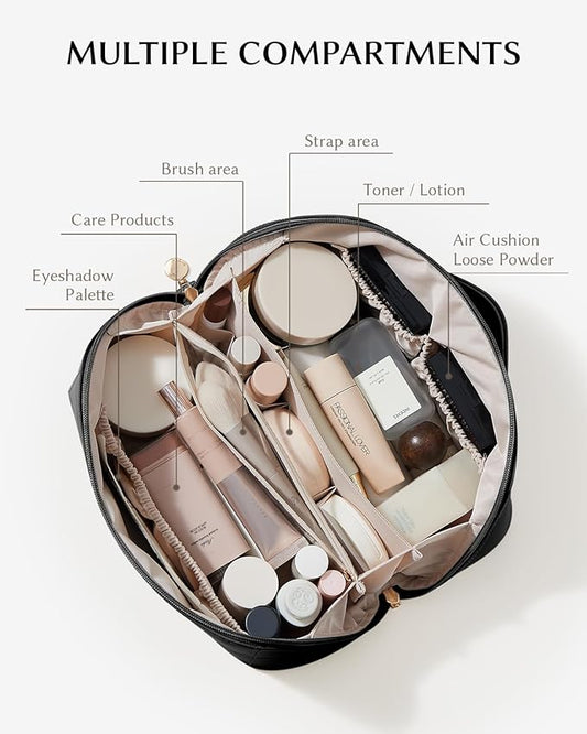 EACHY Travel Makeup Bag,Large Capacity Cosmetic Bags for Women,Waterproof Portable Pouch Open Flat Toiletry Bag Make up Organizer with Divider and Handle
