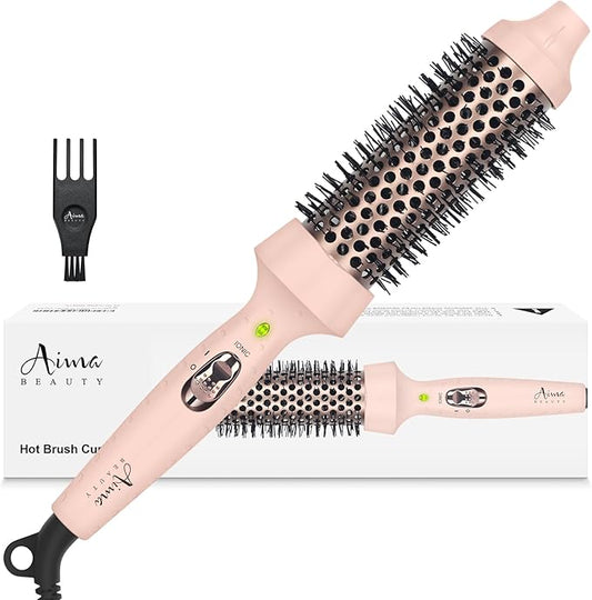 Aima Beauty Hair Curling Iron Brush, 1.5"40mm Ceramic Hot Brush with Ion Technology for Root Volume and Quick Curls - Dual Voltage & 60Mins Auto-Off, Pink