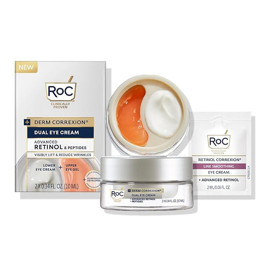 RoC Derm Correxion Dual Eye Cream with Advanced Retinol + Peptides for Puffy Eyes and Dark Circles, (.68 oz) with Retinol Eye Cream Packette