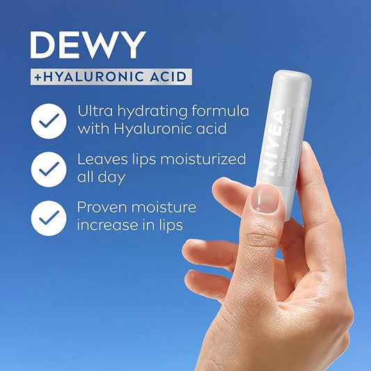NIVEA Dewy Lip Balm with Hyaluronic Acid, Leaves Visibly Less Noticeable Lip Lines and No Waxy Feel, 0.18 Oz, Pack of 4