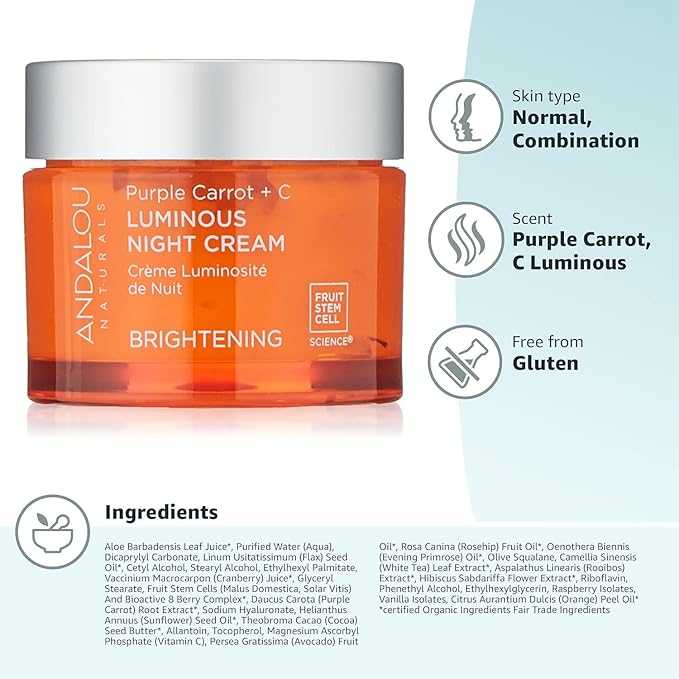 Andalou Natural Purple Carrot + C Luminous Night Cream, Purple Carrot Plus C Luminous, 1.7 Ounce