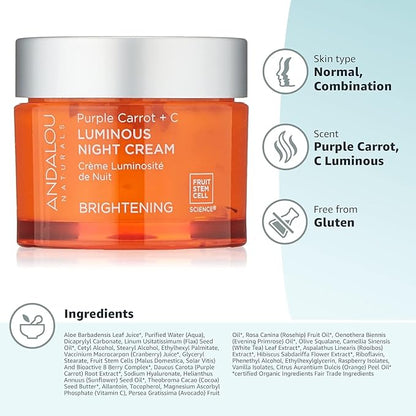 Andalou Natural Purple Carrot + C Luminous Night Cream, Purple Carrot Plus C Luminous, 1.7 Ounce
